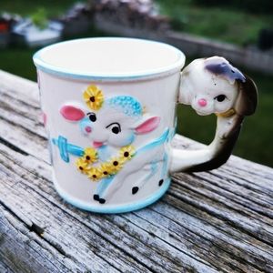 Vintage Ceramic Child's Cup with Lamb Cat Dog and Bunny Handle